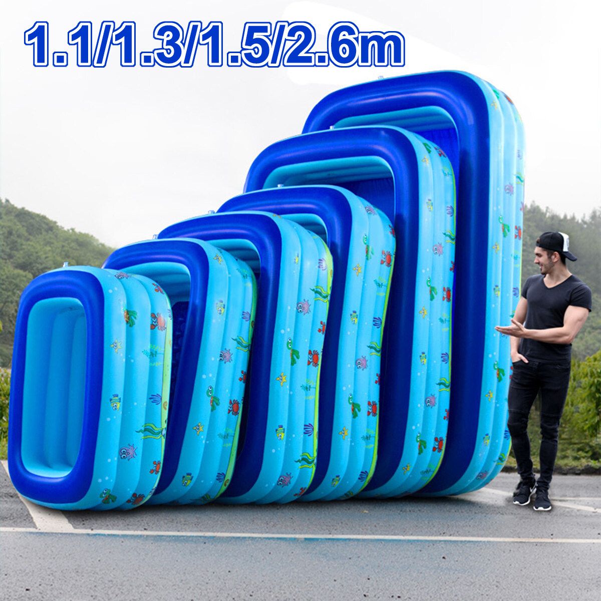 2.6M/1.5M/1.3M/1.1M For 1-5 Persons Kids Large Inflatable Swimming Pool Adult Family Lounge Water Play Fun Backyard Bathing Tub Blue 1.1M