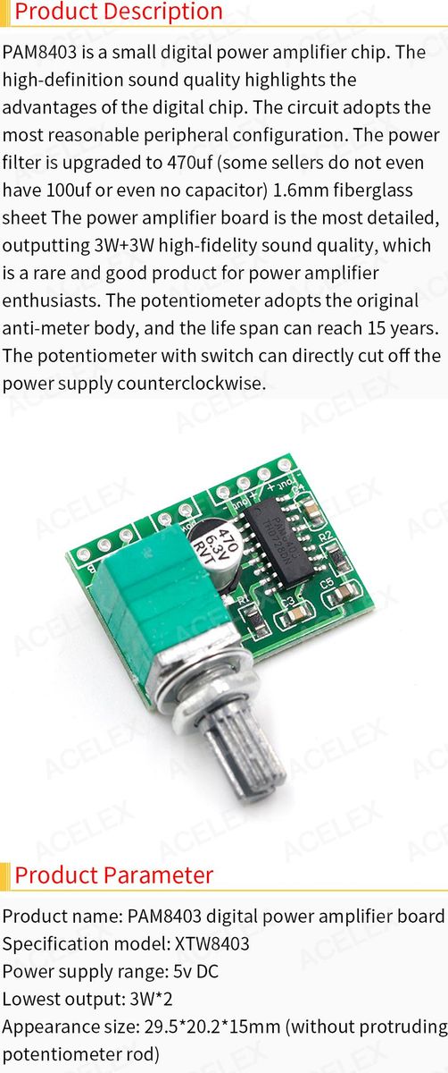 PAM8403 mini 5V digital amplifier board with switch potentiometer can be USB powered