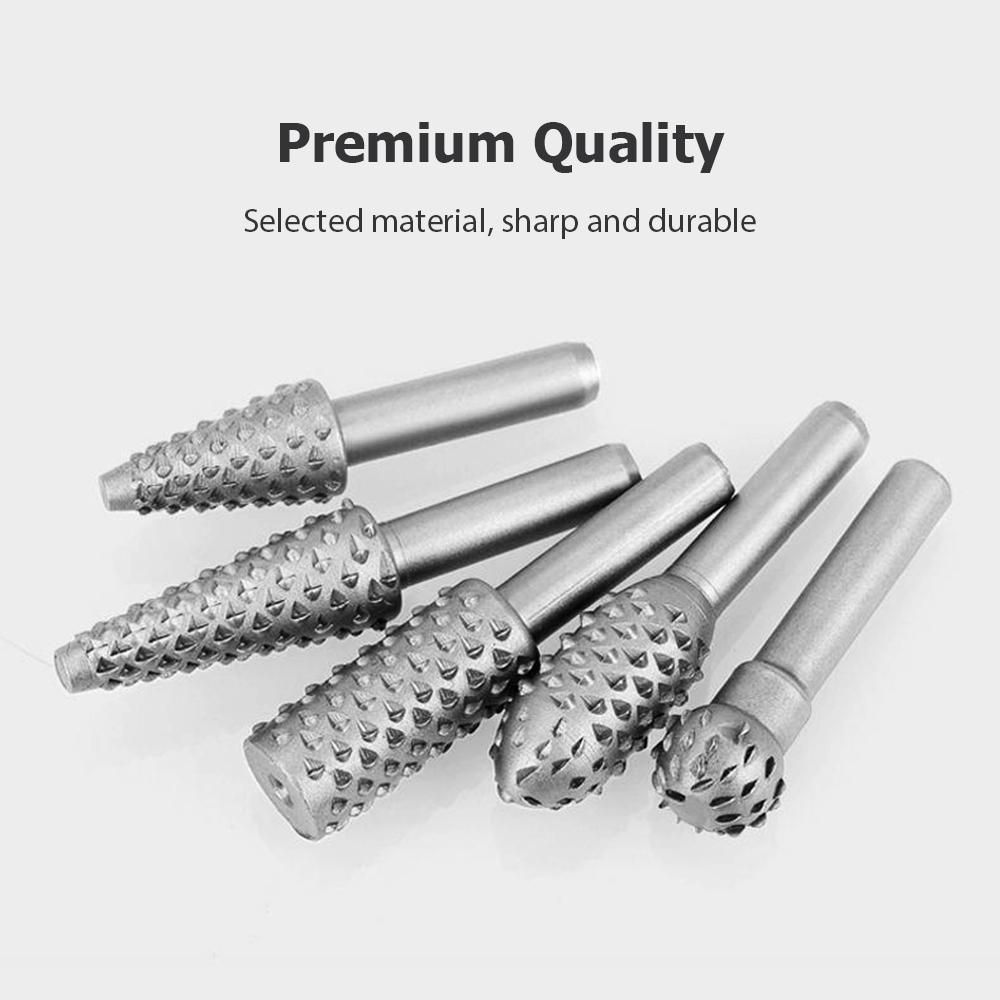 5 PCS Rotary Burr Rasp Wood Plastic Carving File Woodworking Drill Bit 1/4-inch Round Shank Chisel Embossed Deburring Polishing Grinding Head for Carpenter