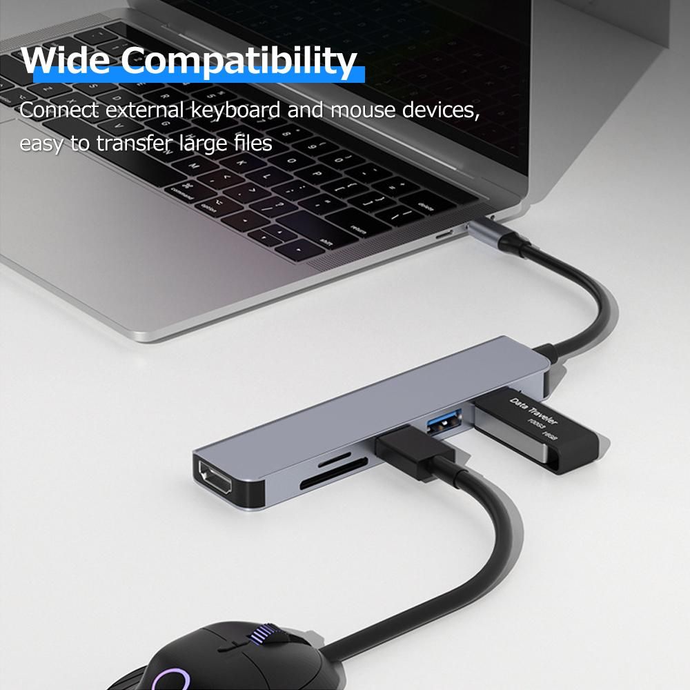 6-in-1 Type-C Hub Multifunctional Type-C Converter Aluminum Alloy Shell with USB3.0 USB2.0 HD Ports TF SD Card Slots