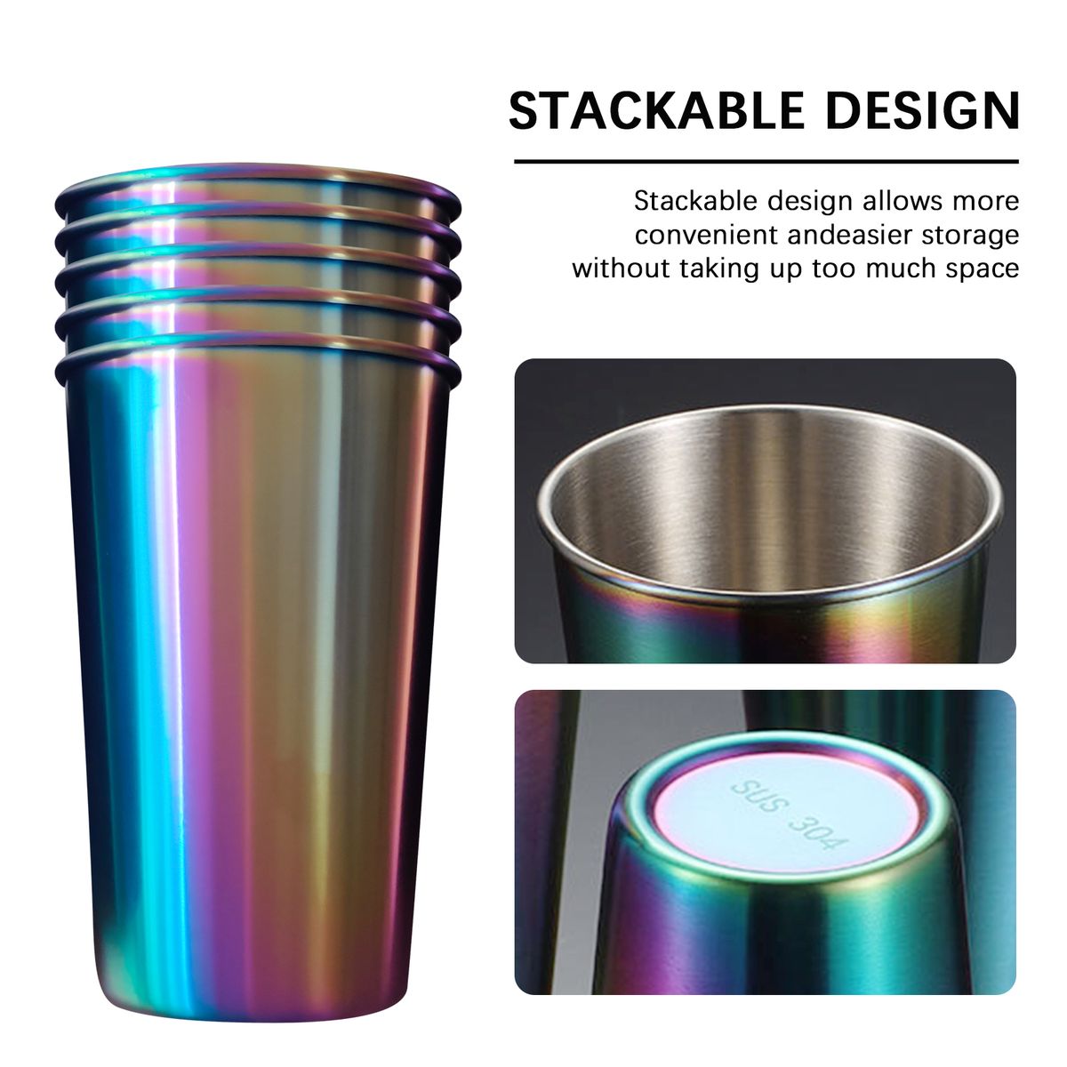 5pcs Stainless Steel Cups 500ml Capacity For Kids Adults