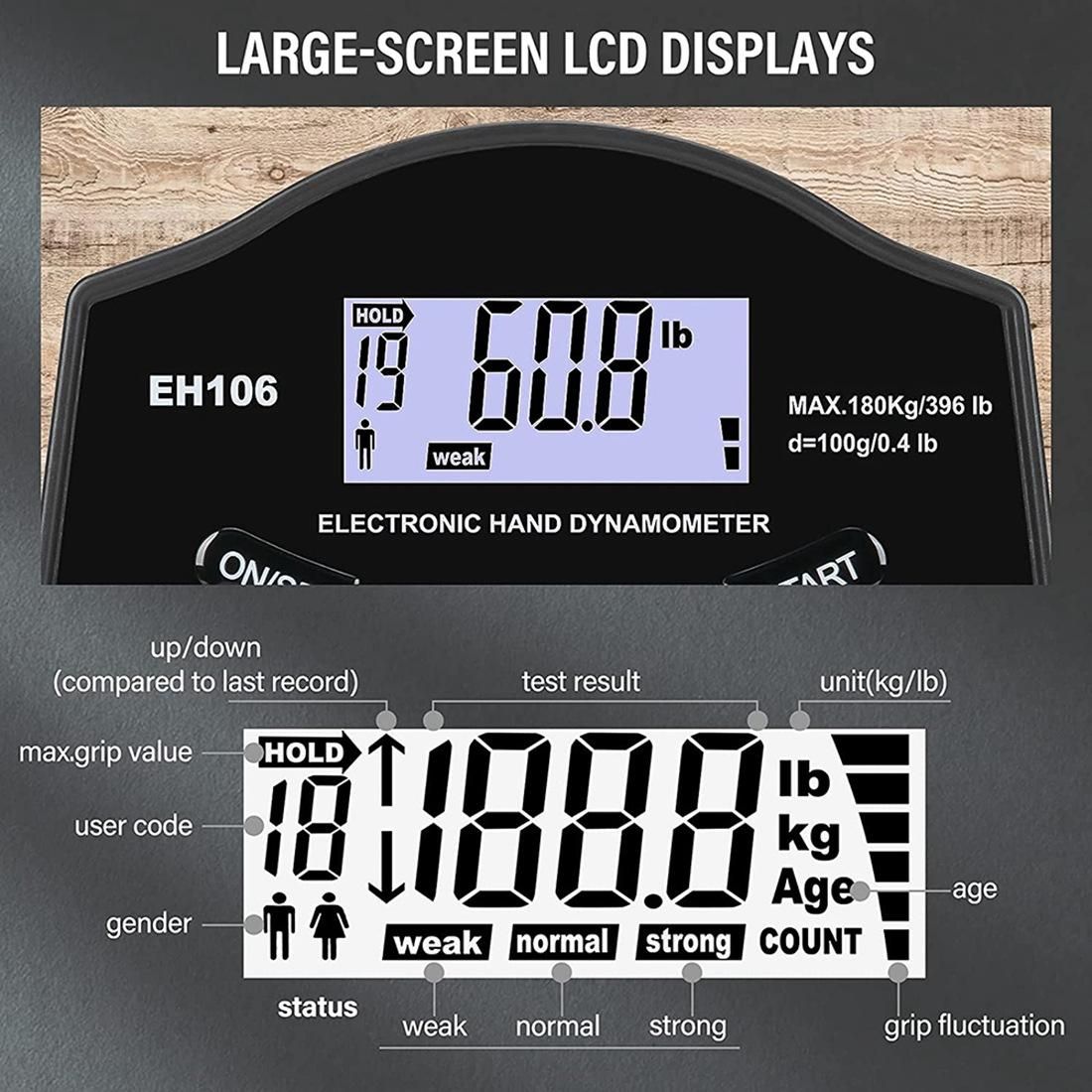 Grip Strength Tester 396Lbs180Kg Digital Hand Dynamometer Grip Strength Meter USB LCD Screen Hand Grip Dynamometer