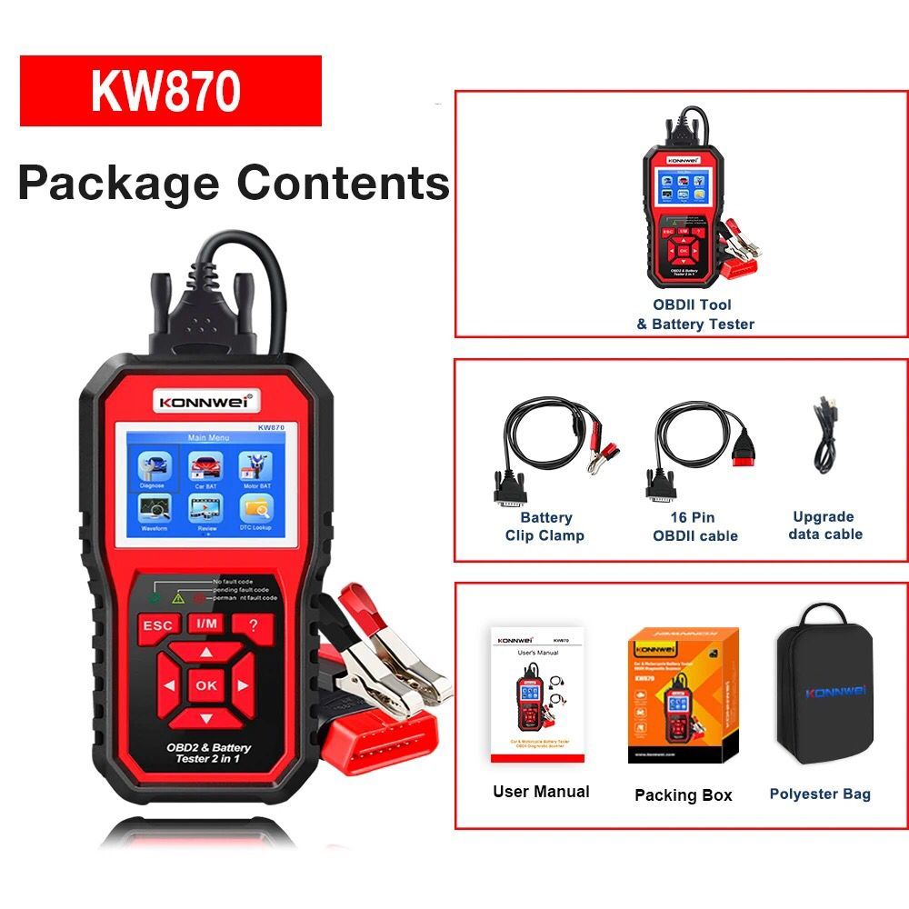 KW-870 MultiFunctional Battery Tester & OBD II Scanner For Cars, Motorcycle, Motors Diagnostic Tool