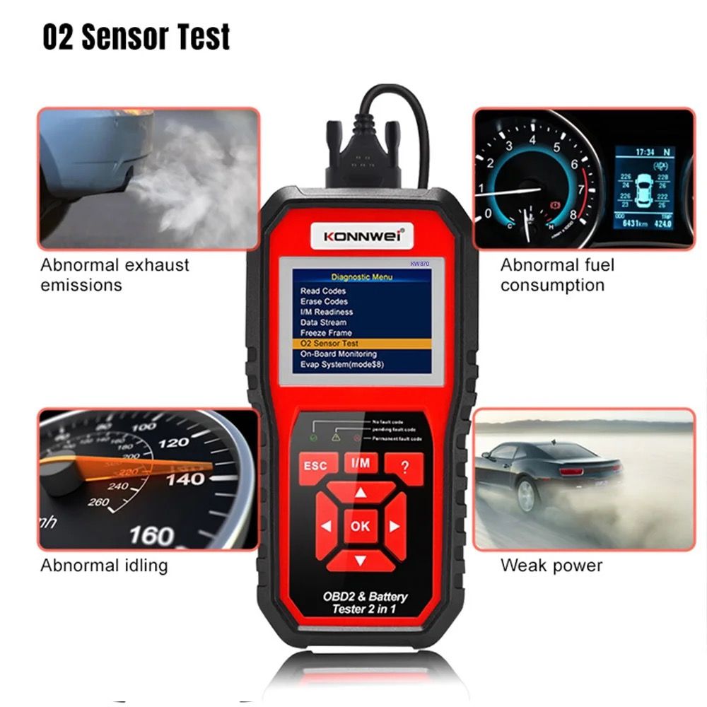 KW-870 MultiFunctional Battery Tester & OBD II Scanner For Cars, Motorcycle, Motors Diagnostic Tool