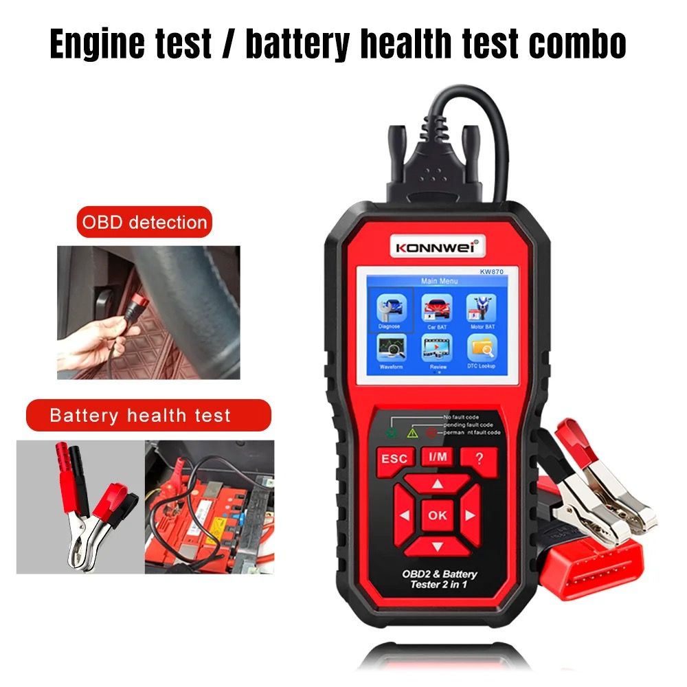 KW-870 MultiFunctional Battery Tester & OBD II Scanner For Cars, Motorcycle, Motors Diagnostic Tool