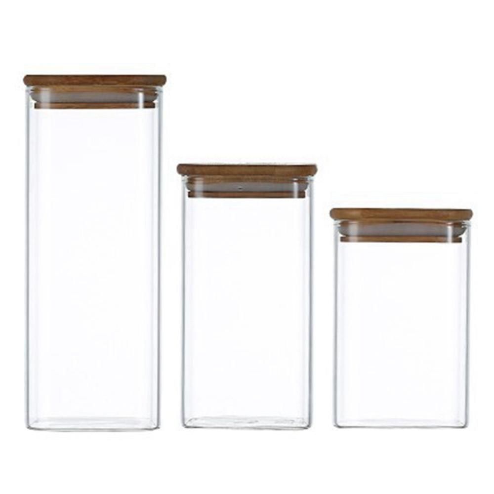 3Pcs Square Glass Sealed Jar Food Dry Fruit Storage Box Tea