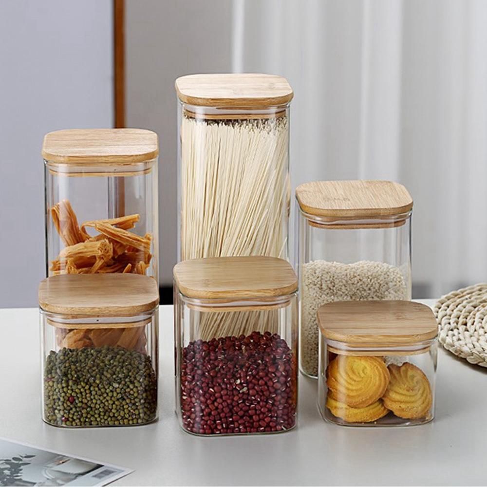 3Pcs Square Glass Sealed Jar Food Dry Fruit Storage Box Tea