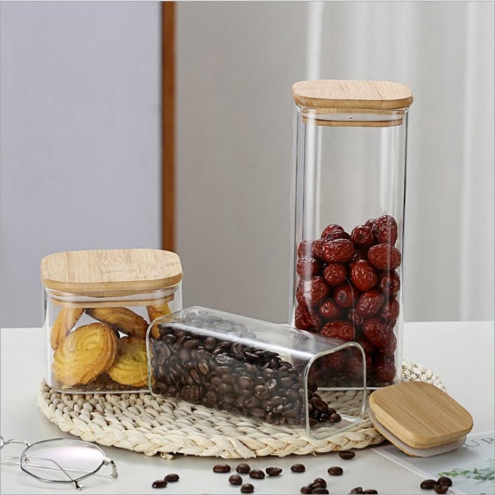 3Pcs Square Glass Sealed Jar Food Dry Fruit Storage Box Tea
