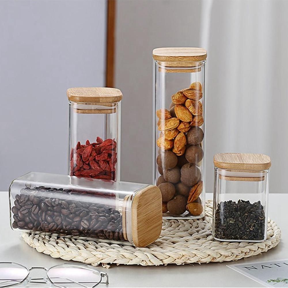 3Pcs Square Glass Sealed Jar Food Dry Fruit Storage Box Tea