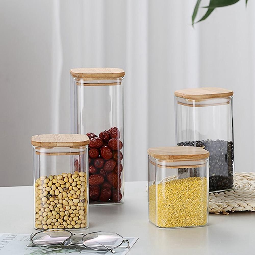 3Pcs Square Glass Sealed Jar Food Dry Fruit Storage Box Tea