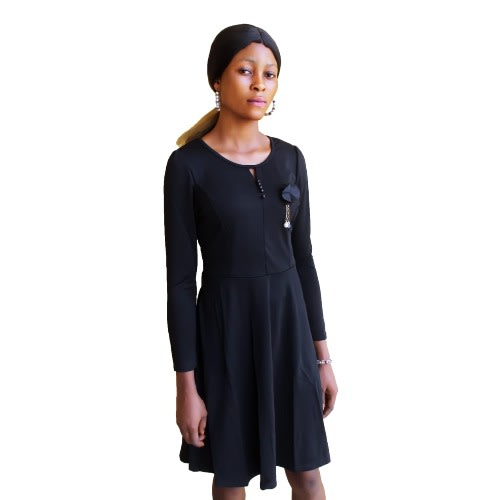 Women Long Sleeve Round Neck Dress- Black