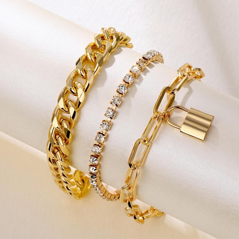 Punk Heavy Metal Crystal Lock Pendant Bracelet Set Female Hip Hop Rock Metal Thick Geometric Chain Bangles Bracelet Jewelry
