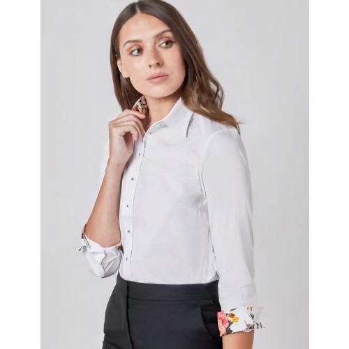 Women's White Poplin Semi-Fitted Shirt With Floral Contrast - Single Cuff