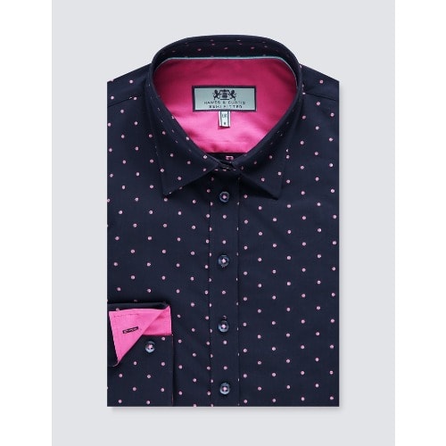 Women's Dobby Spots Semi Fitted Shirt - Single Cuff - Navy & Pink