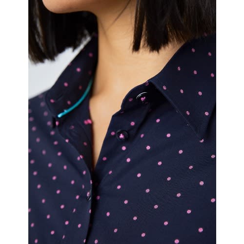 Women's Dobby Spots Semi Fitted Shirt - Single Cuff - Navy & Pink