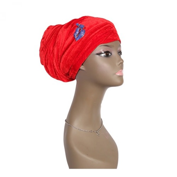Classic Velvet Cap Wrap Turban -Red