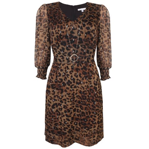 Brown Silver Glitter Animal Print Necklace Dress