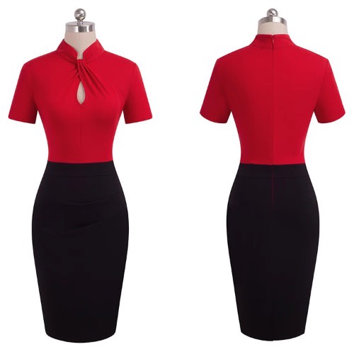 Debabestores Contrast Color Vintage Dress With Knot Chest