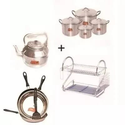 Kitchen Bundle- Pots, Frying Pan, Kettle And Stainless Dish Rack