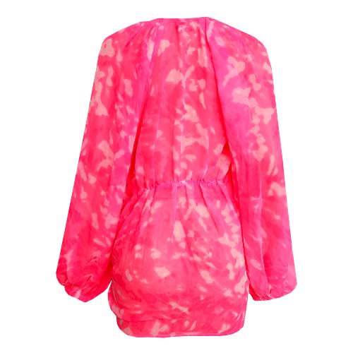 Balloon Sleeve Tie Dye Plunge Beach Wear - Pink