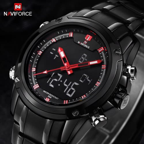 Led Display Luxury Men's Black Stainless Steel Wrist Watch