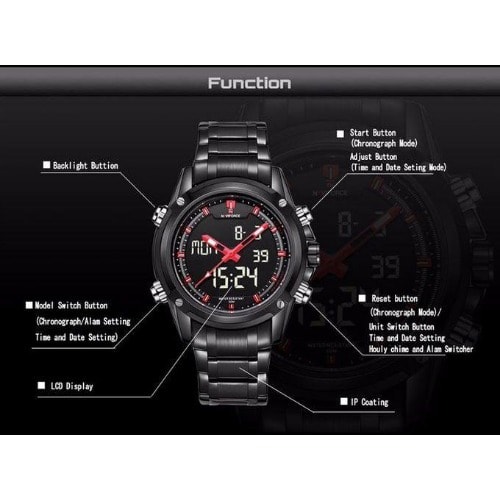 Led Display Luxury Men's Black Stainless Steel Wrist Watch