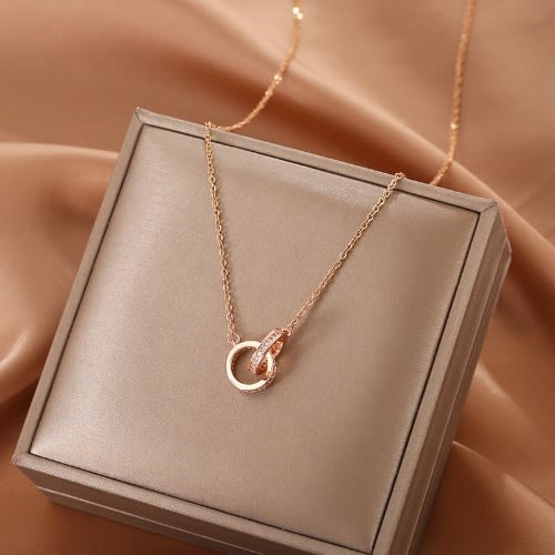Fashion Double Round Pendant Necklace- Gold