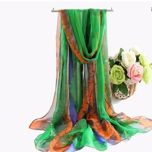 Soft Silk Scarf - Green & Orange