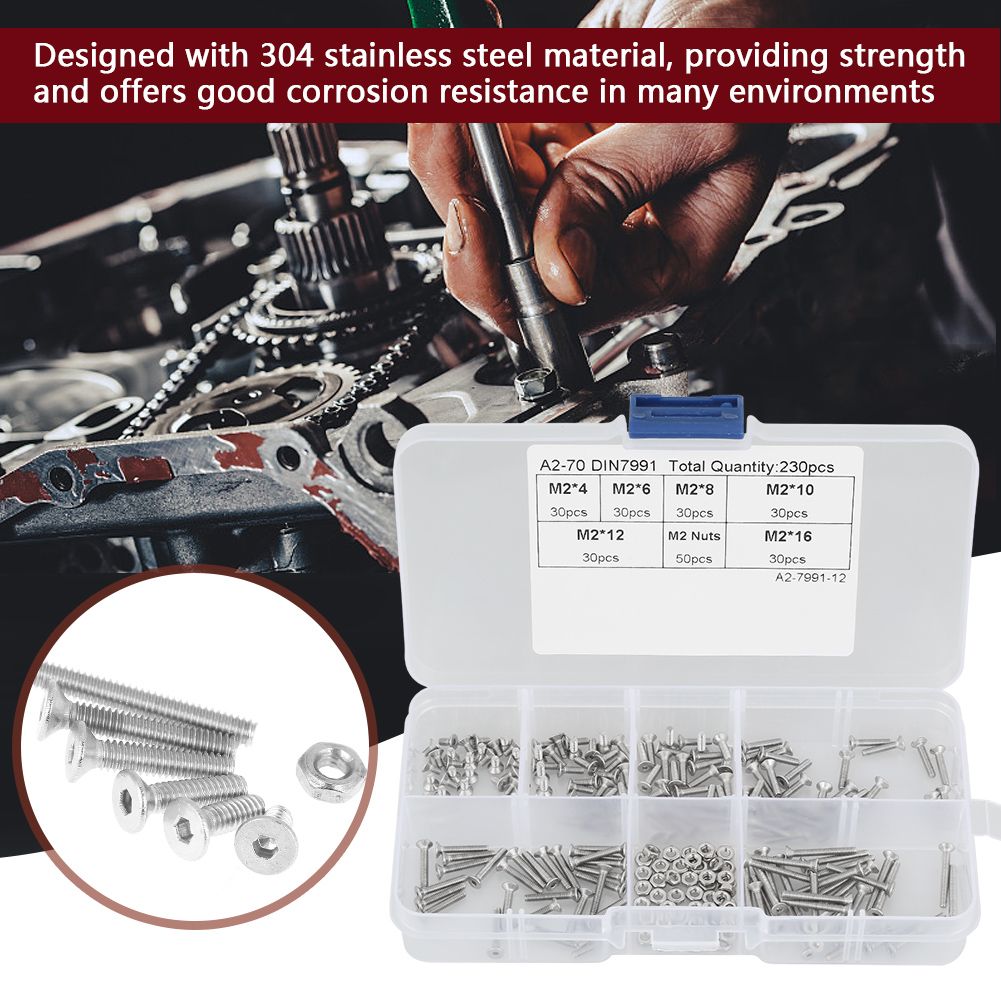 230pcs M2 304 Stainless Steel Flat Head Bolt Screws Nuts