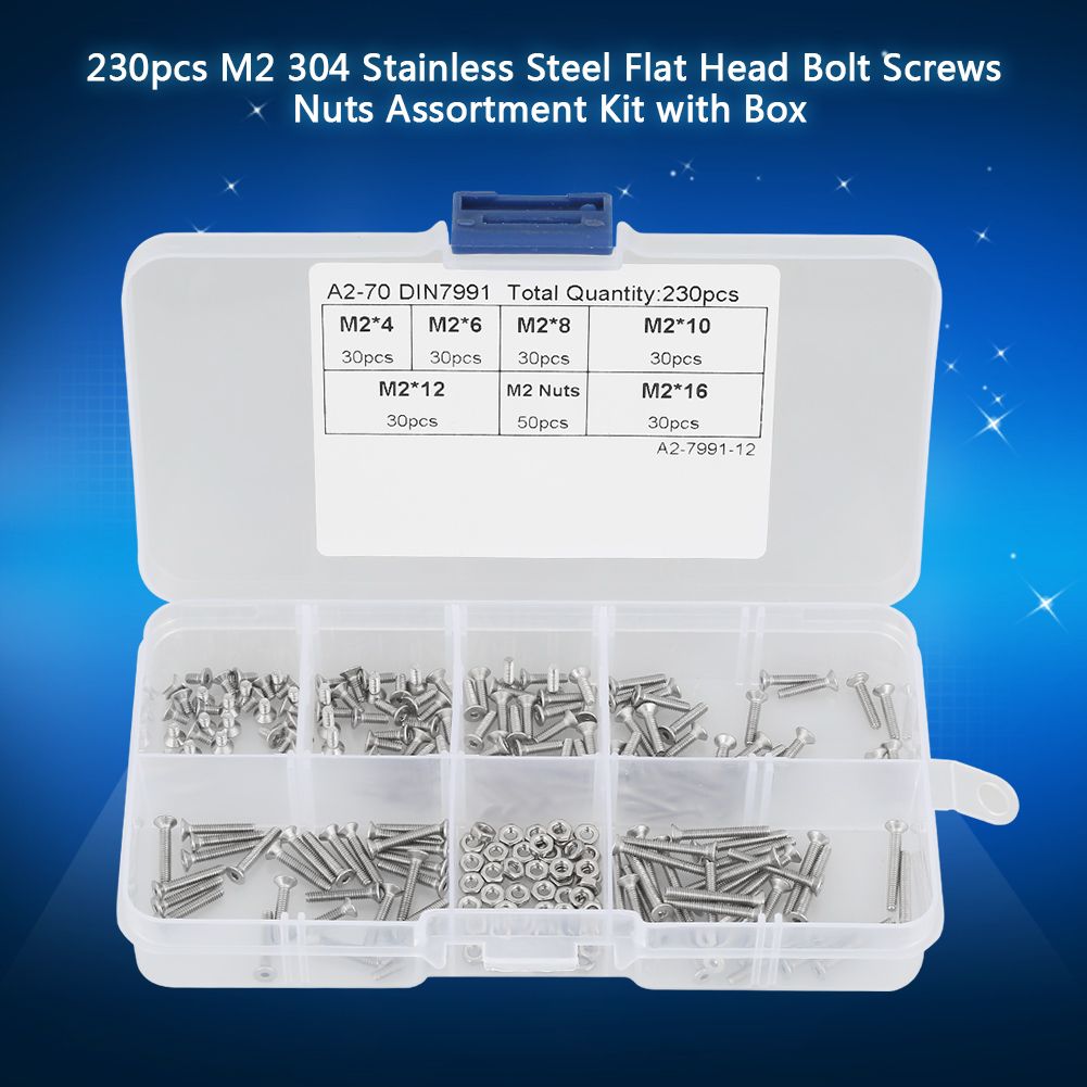 230pcs M2 304 Stainless Steel Flat Head Bolt Screws Nuts