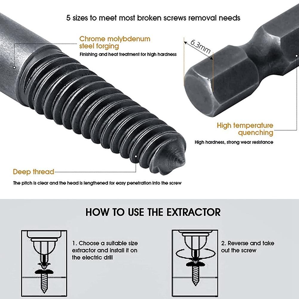 6 PCS Damaged Screw and Broken Bolt Extractor Set with 1/4