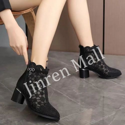 Ladies Mesh Thick Heel Boots-Black