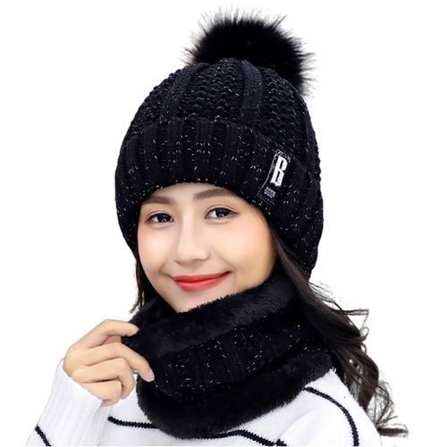 Beanie Scarf Knitted Warm Woolen Yarn Elasticity Sweet-Black