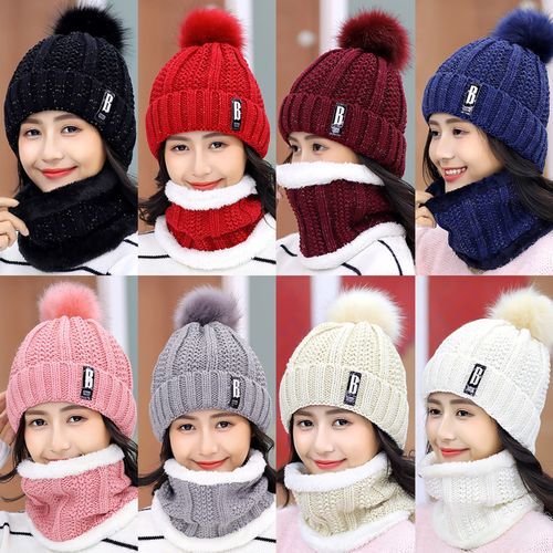 Beanie Scarf Knitted Warm Woolen Yarn Elasticity Sweet-Black