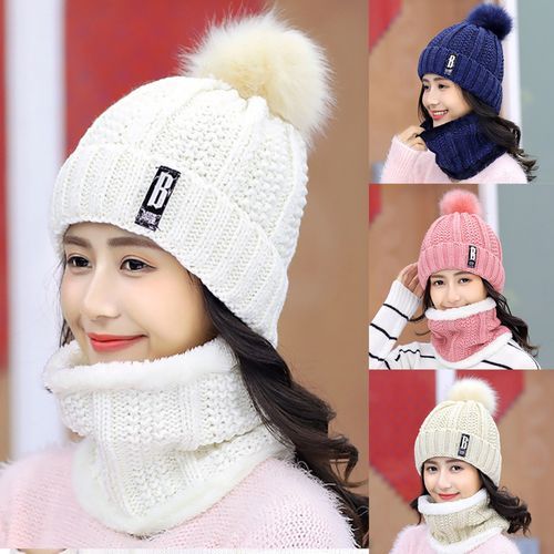 Beanie Scarf Knitted Warm Woolen Yarn Elasticity Sweet-Black