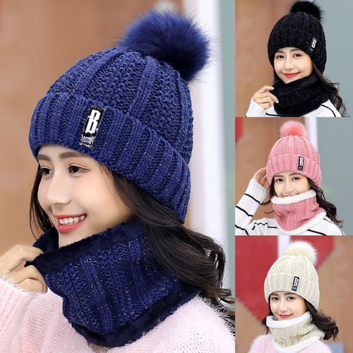 Beanie Scarf Knitted Warm Woolen Yarn Elasticity Sweet-Black