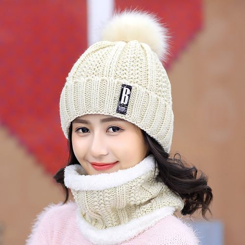 Beanie Scarf Knitted Warm Woolen Yarn Elasticity Sweet-Black