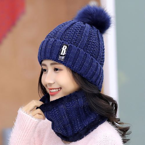 Beanie Scarf Knitted Warm Woolen Yarn Elasticity Sweet-Black