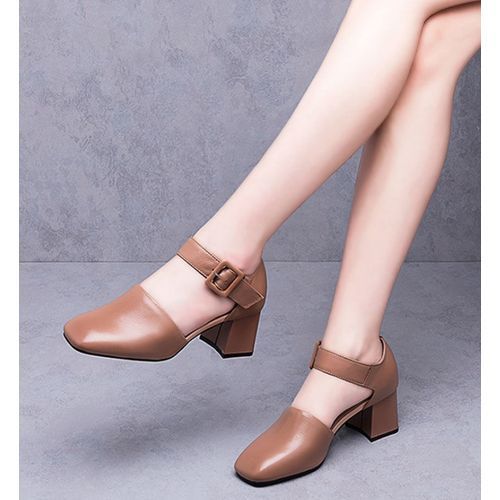 Ladies Fashion Block Heel Square Toe Work Shoes-Brown