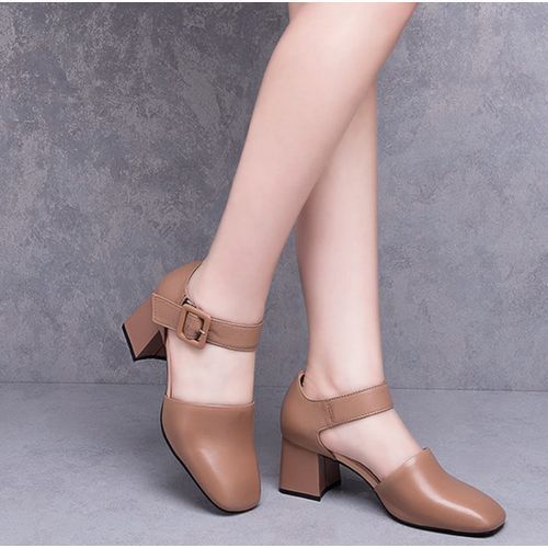 Ladies Fashion Block Heel Square Toe Work Shoes-Brown