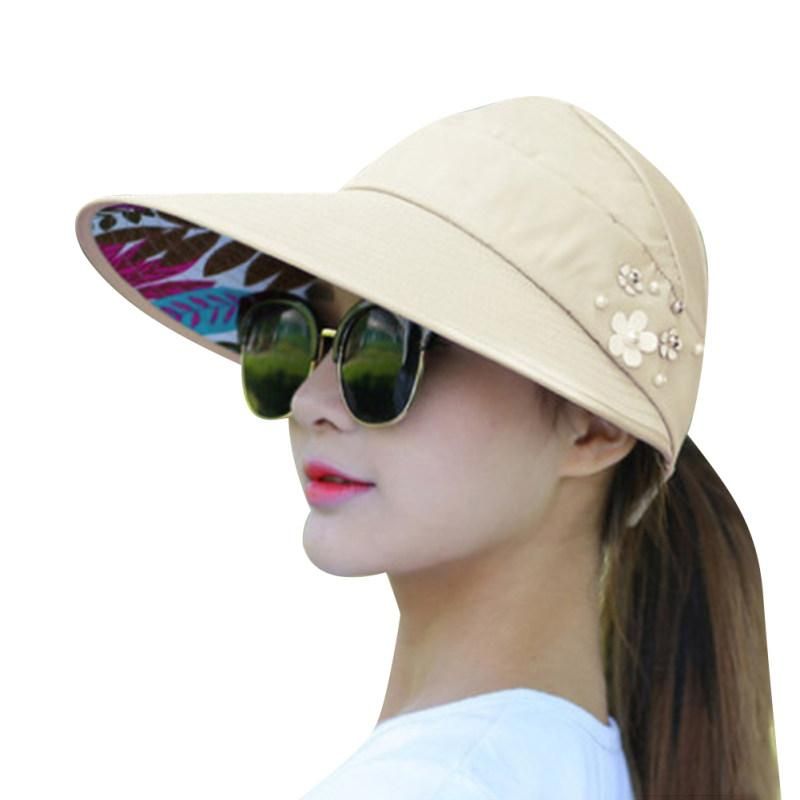 Summer Women Anti-UV Foldable Sun Visor Cap Wide Brim-Khaki