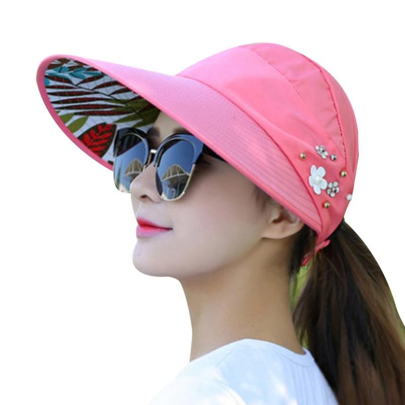 Summer Women Anti-UV Foldable Sun Visor Cap Wide Brim-Khaki