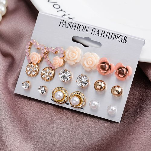 Ladies Elegant Flower Jewelry Set Stud Earrings 9 Pairs Fashion Diamond Pearls