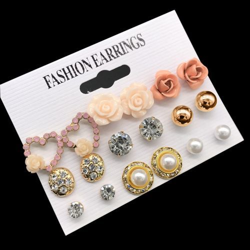 Ladies Elegant Flower Jewelry Set Stud Earrings 9 Pairs Fashion Diamond Pearls