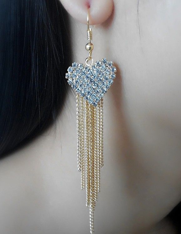 Luxury Love Tassel Earrings Long Rhinestone Earrings- Silver