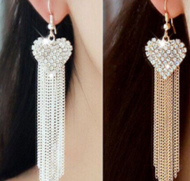 Luxury Love Tassel Earrings Long Rhinestone Earrings- Silver