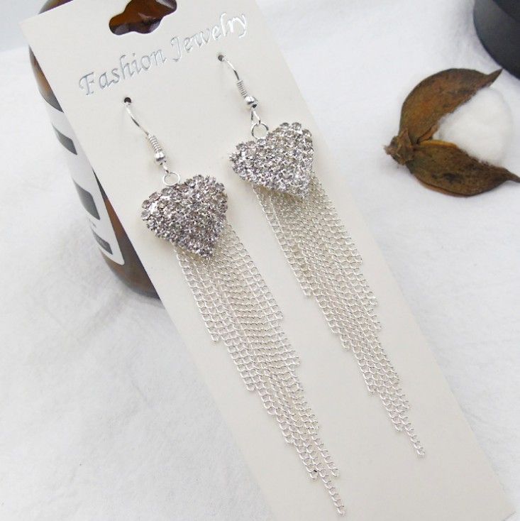 Luxury Love Tassel Earrings Long Rhinestone Earrings- Silver
