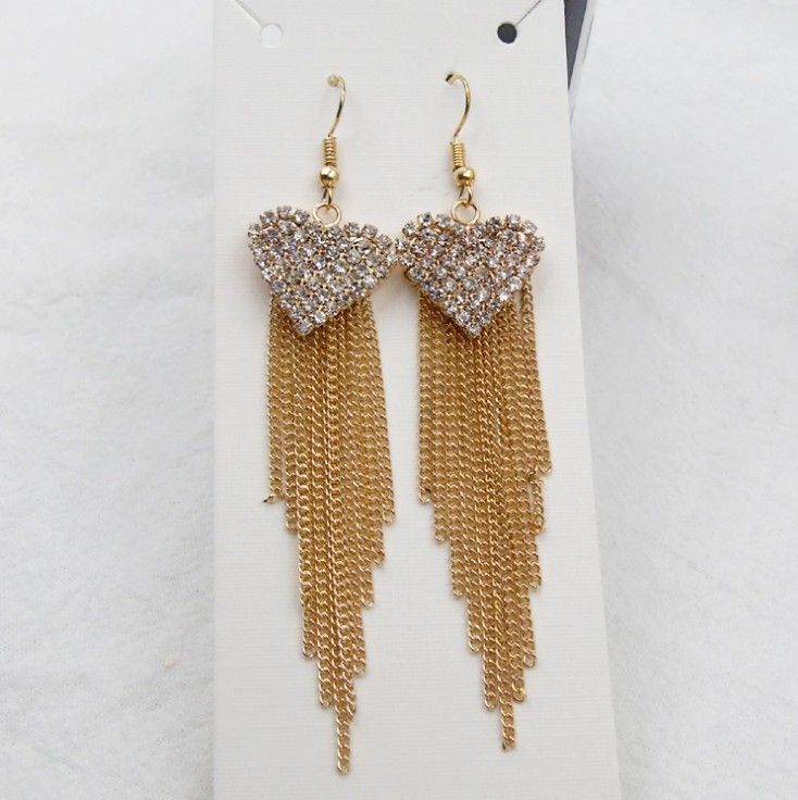 Luxury Love Tassel Earrings Long Rhinestone Earrings- Silver