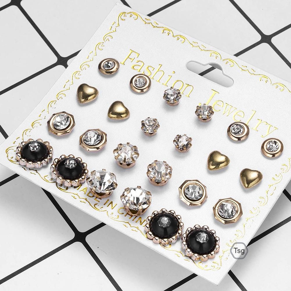12 Pairs  Zircons Flower Pearl Ear Studs Set