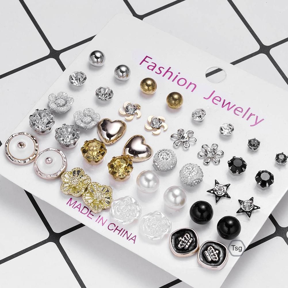12 Pairs  Zircons Flower Pearl Ear Studs Set